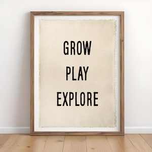 Decorazione murale "Grow Play Explore", quadro su tela per la cameretta dei bambini, striscione su tela, arte a tema avventura per la cameretta, decorazione murale Montessori