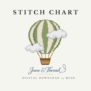 May include: A cross stitch chart featuring a pixelated hot air balloon with green and white vertical stripes, a brown basket, and two white clouds. The text reads STITCH CHART, June & Thread STITCH STUDIO, and DIGITAL DOWNLOAD 13 MESH.