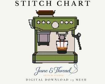 Patrón de bordado y punto de cruz para máquina de café espresso moderna (descarga digital en PDF)