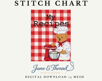 Patrón de bordado para portada de recetario: Oso acogedor de cuadros rojos - Descarga digital en PDF