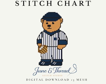 Gráfico de bordado de osito de béisbol clásico (descarga digital en PDF)