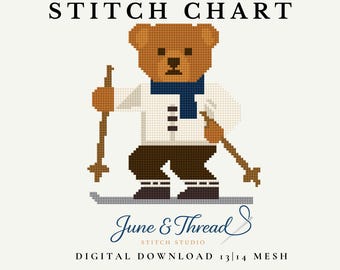 Gráfico de bordado y punto de cruz de un clásico osito esquiando - Descarga digital en PDF