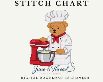 Gráfico de bordado de osito de chef con batidora (descarga digital en PDF)