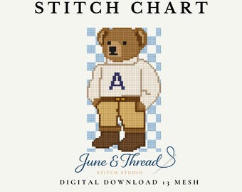 Patrón de bordado con monograma de osito de peluche, 13 unidades, PDF digital, gráfico inicial, alfabeto de la A a la Z