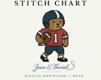 Gráfico de bordado de un osito jugando al fútbol (descarga digital en PDF)