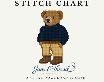 Gráfico de bordado y punto de cruz de osito clásico (dos versiones) – Descarga digital en PDF