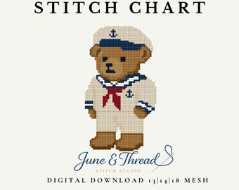 Gráfico de bordado y punto de cruz de osito marinero (descarga digital en PDF)