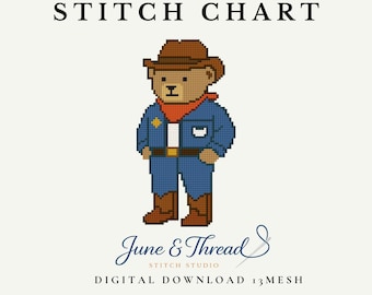 Patrón de bordado de oso de peluche vaquero, gráfico de punto de cruz de oso del oeste, descarga digital en PDF