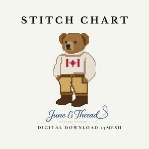 Schema per ricamo a punto croce classico con orsetto in maglione canadese – Download PDF digitale
