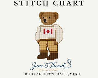 Schema per ricamo a punto croce classico con orsetto in maglione canadese – Download PDF digitale