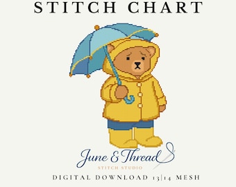 Patrón de bordado de osito con chubasquero amarillo y botas – Descarga digital en PDF