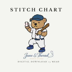 Teddy Bear Pitching Baseball Needlepoint & Cross Stitch Chart – PDF Download