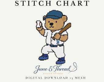 Gráfico de bordado y punto de cruz de un osito de peluche lanzando béisbol (descarga en PDF)