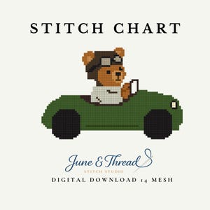 May include: A digital cross-stitch chart with the text "STITCH CHART" at the top. The image features a pixelated teddy bear wearing a pilot's cap and driving a green car. The text "June & Thread STITCH STUDIO DIGITAL DOWNLOAD 14 MESH" is at the bottom.