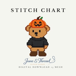 Può includere: Uno schema digitale a punto croce con un orsacchiotto in pixel art che indossa un maglione nero e una zucca arancione intagliata sulla testa. Il testo recita STITCH CHART, June & Thread STITCH STUDIO e DIGITAL DOWNLOAD 13 MESH su sfondo chiaro.