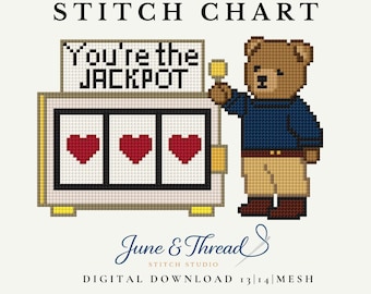 Gráfico de bordado de osito de peluche "Eres el premio gordo" / Malla de 13 hilos / Patrón digital en PDF