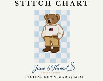 Gráfico de bordado de osito de peluche con la bandera estadounidense clásica (descarga digital en PDF)