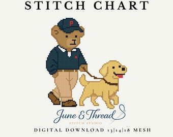 Gráfico de bordado de un osito de peluche clásico paseando a un perro (descarga digital en PDF)