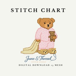 Teddy Bear with Blankie Wearing Pink Pajamas Needlepoint Chart – Digital PDF Download