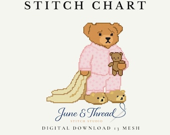 Gráfico de bordado de osito de peluche con mantita y pijama rosa (descarga digital en PDF)