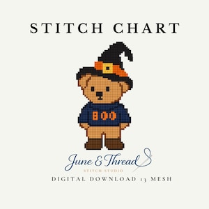May include: A pixel art stitch chart featuring a tan teddy bear wearing a black witch hat with an orange band and a dark blue sweater with the word BOO in orange. The text STITCH CHART, June & Thread STITCH STUDIO, and DIGITAL DOWNLOAD 13 MESH appear.