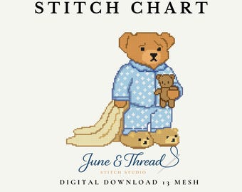 Gráfico de bordado de osito de peluche con mantita en pijama (descarga digital en PDF)