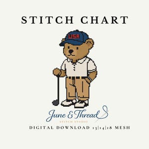 Golf Teddy Bear Needlepoint Pattern PDF – Cross Stitch Chart Digital Download – Sports Bear Canvas Design