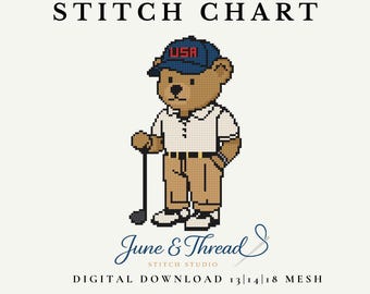 Patrón de bordado de osito de golf en PDF – Gráfico de punto de cruz descargable digitalmente – Diseño de lienzo de osito deportivo