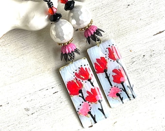 Hand Painted Flower Earrings: Brass Boho Summer Garden Jewelry