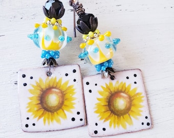 Artisan Enameled Copper Lampwork Sunflower Earrings OOAK Summer Yellow and Blue