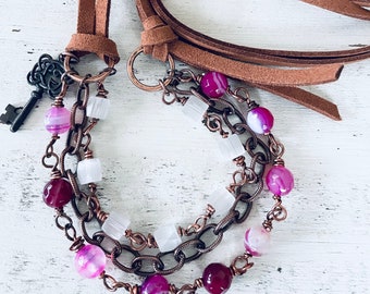 Artisan Gemstone Vegan Leather Necklace Layered Necklaces Wire Wrapped Necklaces Pink Necklaces OOAK Necklaces Gemstone Jewelry Agate Stones