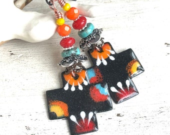 Artisan Enameled Cross Earrings Southwest Style Santa Fe Style OOAK Earrings Colorful Earrings Gifts for Women Cross Gifts Handmade Earrings