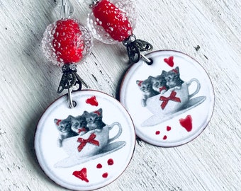 Artisan Enameled Valentines Day Earrings Cat Earrings Teacup Earrings Cat Lover Earrings Gifts for Women Kitten Earrings Animal Earrings