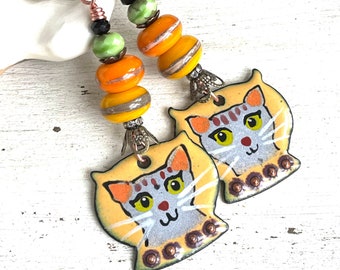 Artisan Enameled Cat Earrings Gray Cats Cat Lover Earrings OOAK Earrings Gifts for Women Sassy Cats Funny Cats Artisan Gifts Gift Ideas