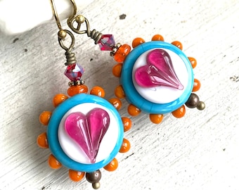 Artisan Lampwork Heart Earrings: Czech Glass Valentine&#39;s Gift