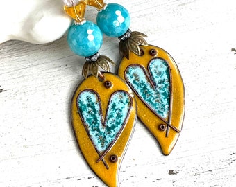 Artisan Enameled Heart Earrings Valentines Day Earrings Gifts for Women Artisan Gifts OOAK Earrings Handmade Earrings Boho Earrings