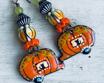 Artisan Enameled Pumpkin Carriage Earrings Pumpkin Camper Kitty Earrings Halloween Earrings Boho Earrings Gifts for Women Fall Earrings