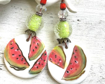 Artisan Porcelain Watermelon Earrings Watermelon Jewelry Summer Earrings Picnic Earrings Food Earrings OOAK Earrings Boho Earrings Gift Idea