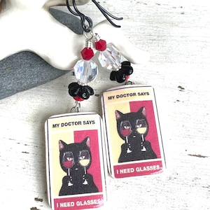 Artisan Decoupaged Porcelain Cat Earrings Wine Lover Earrings Funny Cat Earrings Black Cat Earrings Handmade Earrings OOAK Earrings
