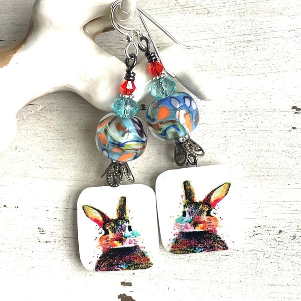 Artisan Decoupaged Porcelain Bunny Earrings Rabbit Earrings Easter Earrings Animal Earrings OOAK Earrings Gifts for Women Handmade Gifts