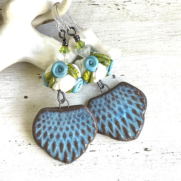 Artisan Ceramic Lampwork Flower Earrings Cornflower Blue Garden Lover Earrings In Bloom OOAK Earrings Gifts for Women Mother’s Day Gifts