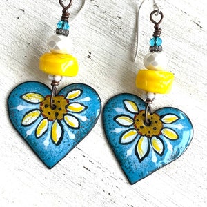 Artisan Enameled Flower Earrings Flower Jewelry Daisy Earrings Summer Earrings Garden Earrings Gift Ideas Gifts for Women Boho Earrings