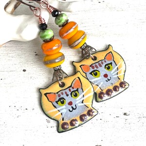 Artisan Enameled Cat Earrings Gray Cats Cat Lover Earrings OOAK Earrings Gifts for Women Sassy Cats Funny Cats Artisan Gifts Gift Ideas image 1