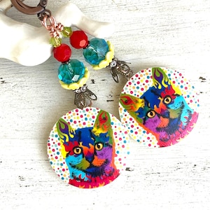 Artisan Decoupaged Porcelain Cat Earrings Confetti Cats Colorful Cats OOAK Earrings Fun Earrings Gifts for Cat Lovers Happy Earrings Cat Art