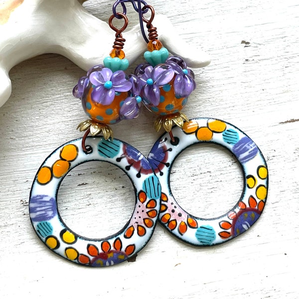 Artisan Enameled Flower Earrings Bohemian Jewelry Boho Style Garden Jewelry OOAK Earrings Colorful Earrings Happy Earrings Gifts for Women