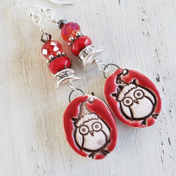 Winter Holiday Owl Earrings Red Ceramic Sterling Silver