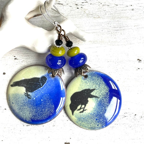 Artisan Enameled Crow Earrings Raven Earrings Bird Earrings OOAK Earrings Gifts for Women Nature Lover Earrings Cobalt Blue Handmade Gifts