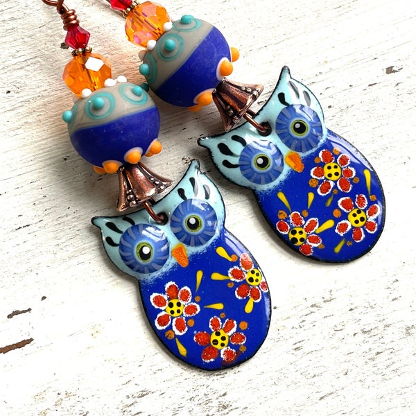 Artisan Enameled Owl Earrings Owl Jewelry Colorful Earrings OOAK Earrings Birds of Prey Gifts for Women Gift Ideas Owl Lover Gifts Owl Art