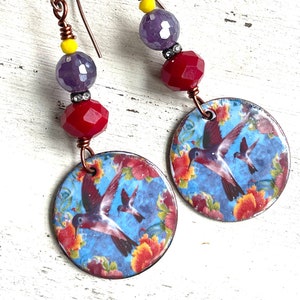 Artisan Enameled Hummingbird Earrings Hummingbird Jewelry Hummingbird Lover Gifts Bird Earrings Nature Lover Jewelry OOAK Earrings Handmade