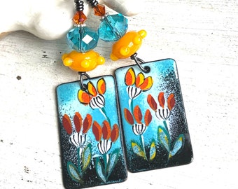 Artisan Enameled Flower Earrings: Sterling Silver, Czech Glass